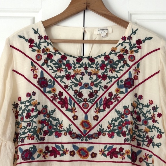 Umgee Floral Embroidered Boho Mini Dress Large Cream Babydoll Bell Sleeves Angel - Picture 4 of 11